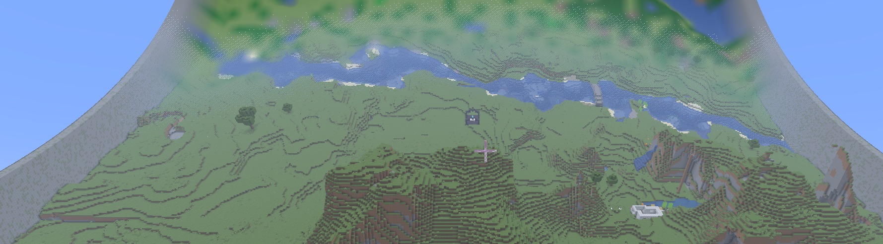 Detailed Minecraft terrain remains visible in the nearby area of a RingWorld valley