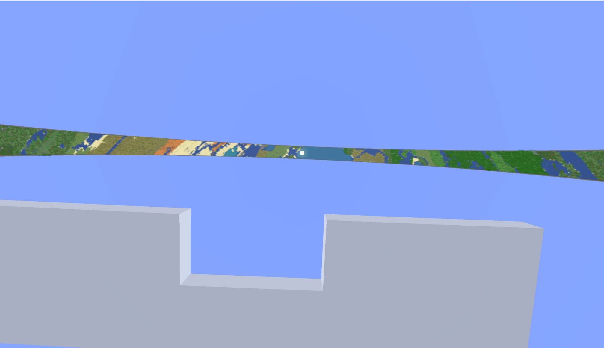 A compact RingWorld loop visible as a long narrow band above the Minecraft terrain