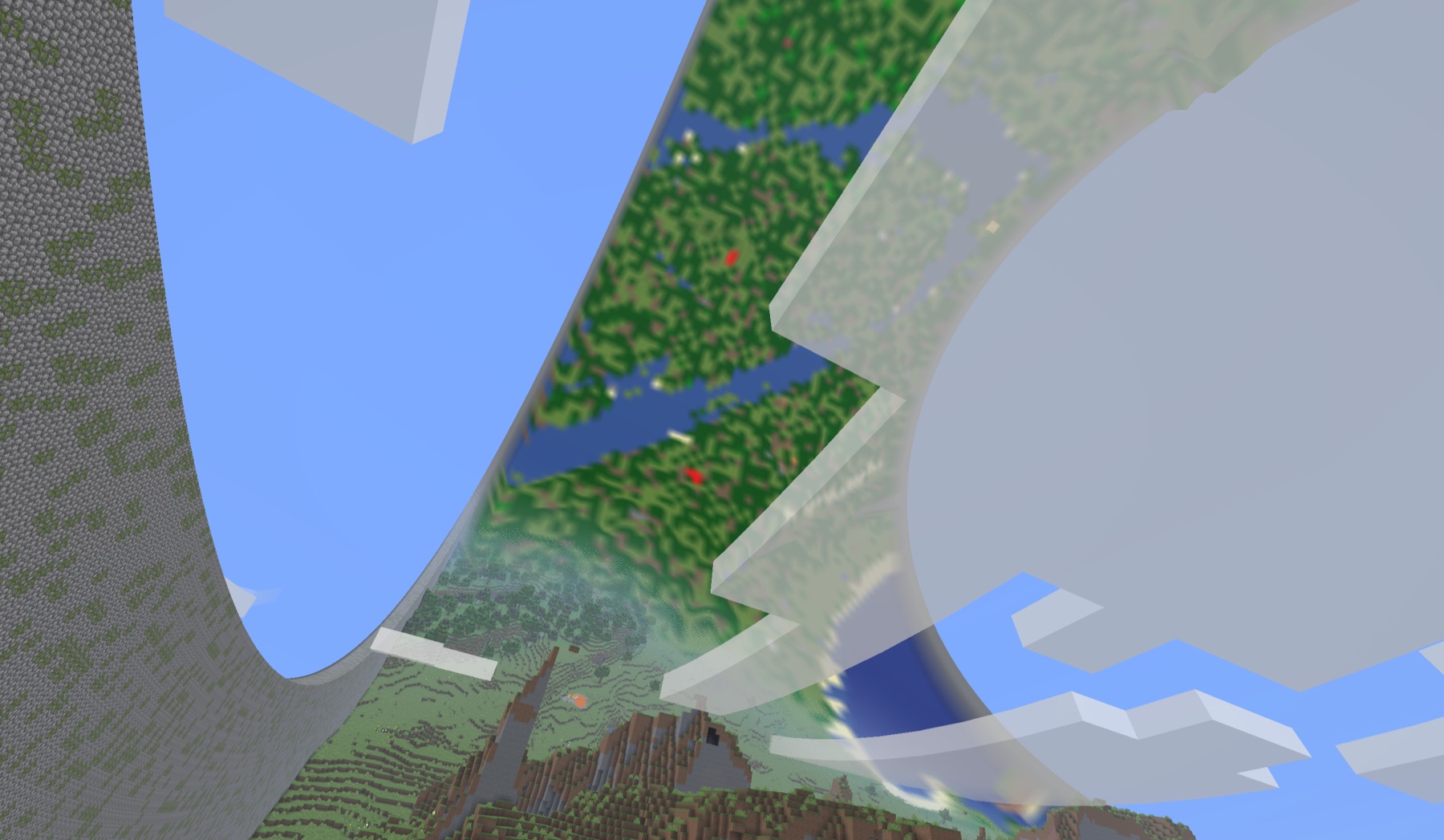 A tighter RingWorld curve arching sharply over Minecraft terrain