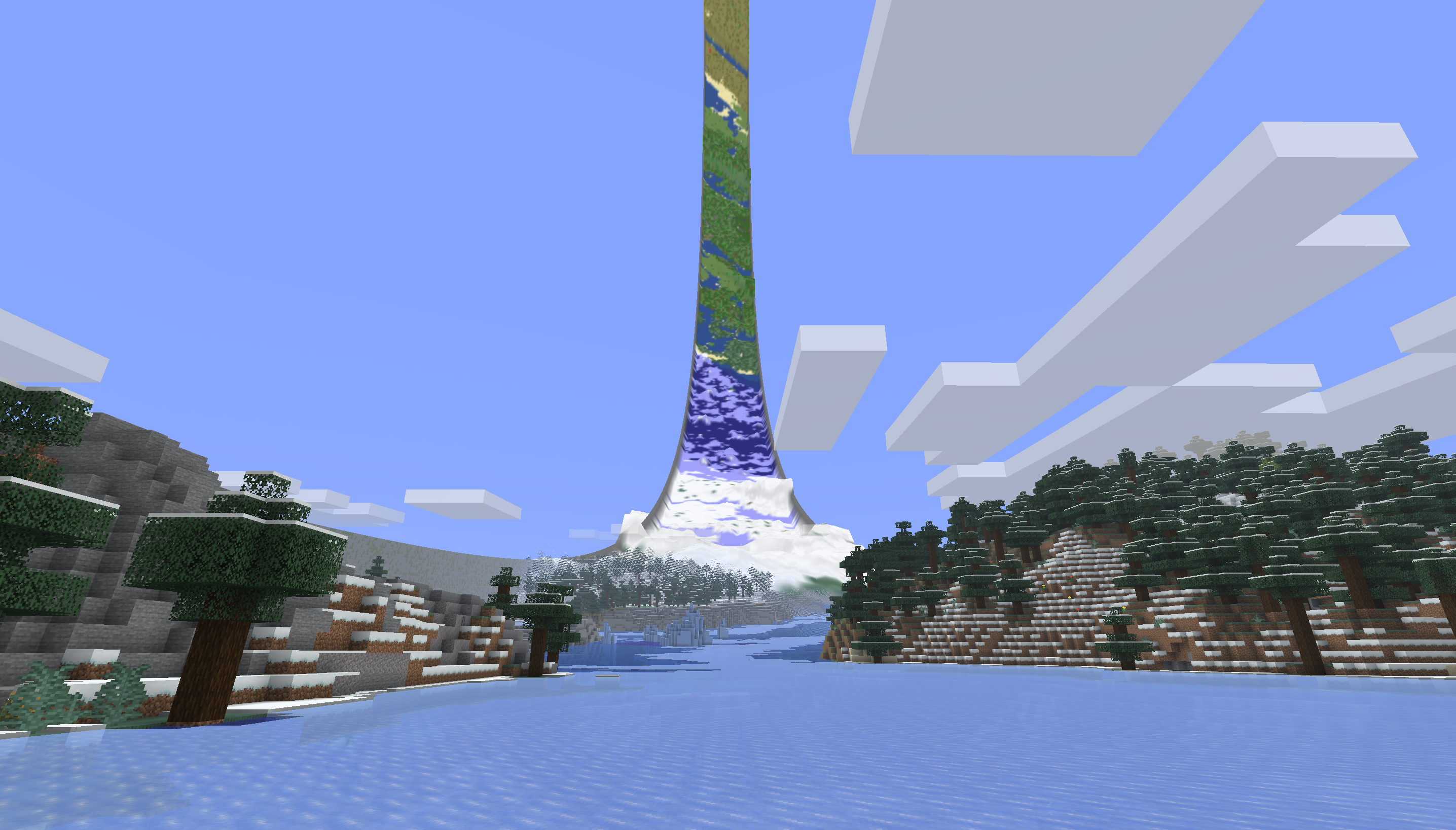 A snowy Minecraft valley beneath terrain curving high overhead to reveal the RingWorld loop
