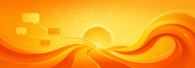 Warm sunrise artwork with flowing ribbons, conversation symbols, and circuit paths
